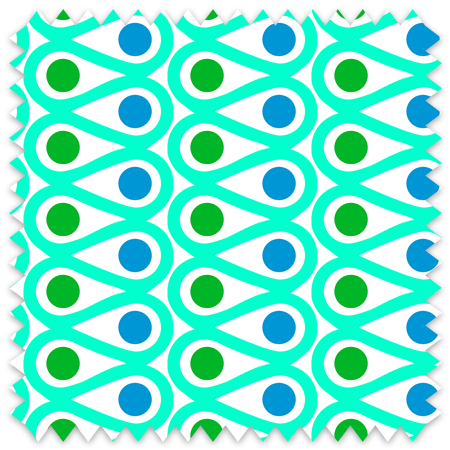 The artwork features a repetitive geometric pattern with curved, teal shapes creating loops that flow in symmetrical vertical columns. Inside the loops, there are solid circular shapes alternating between green and blue, with green circles in the left column and blue circles in the right column. The white background accentuates the vivid colors and clean lines of the design. The overall composition is balanced with a modern, vibrant aesthetic.